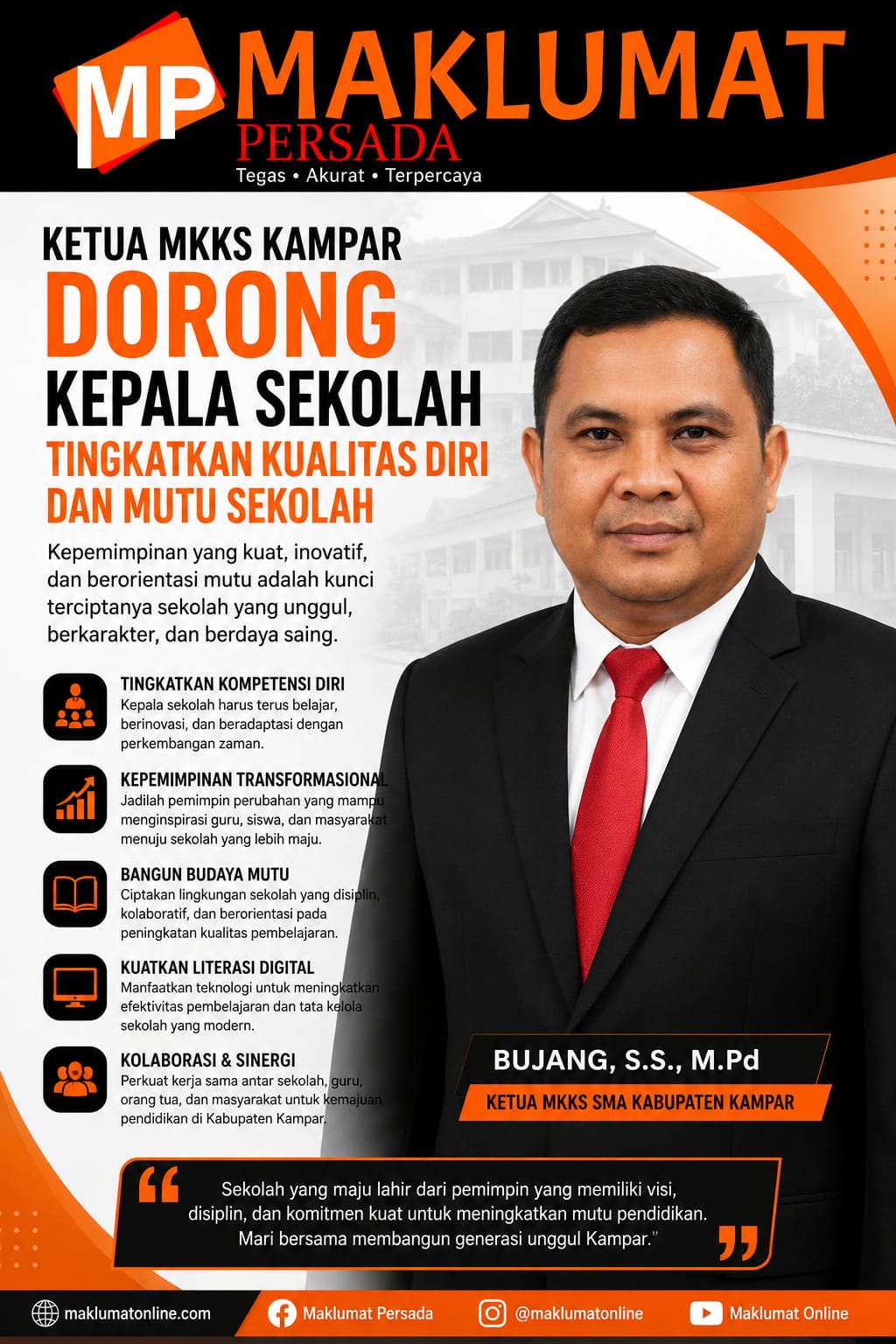Ketua MKKS Kampar Bujang Dorong Transformasi Kepemimpinan Kepala Sekolah demi Peningkatan Mutu Pendidikan